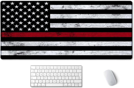 SSOIU Extended Gaming Mouse Pad (35.5x15.7 in), Large Stable Rubber Base Mousepad with Stitched Edges, Keyboard Mouse Mat Desk Pad for Work, Game, Office, Home - Fire Fighter Thin Red Line Flag