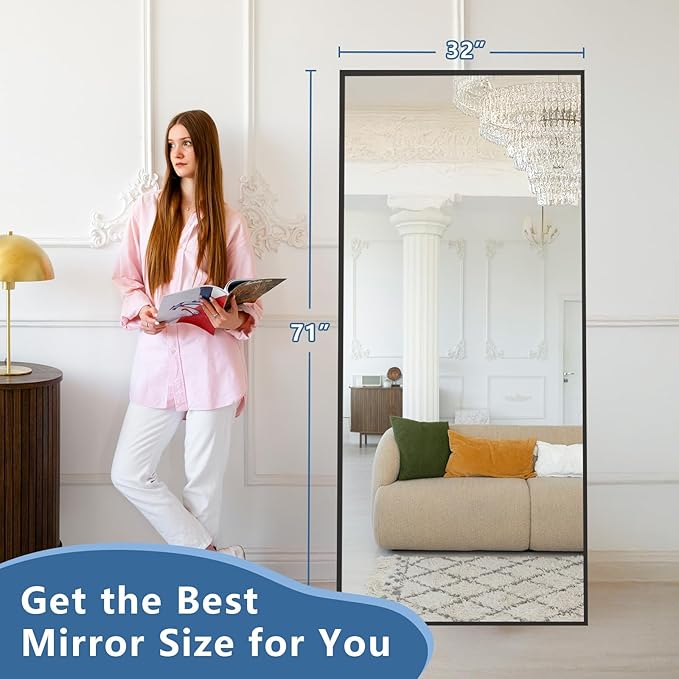 71"X32" Floor Mirror Full Length with Stand, Black Rectangle Large Free Standing Full Length Body Mirror for Gym Bedroom Living Room, Tempered Glass, Aluminum Alloy Frame