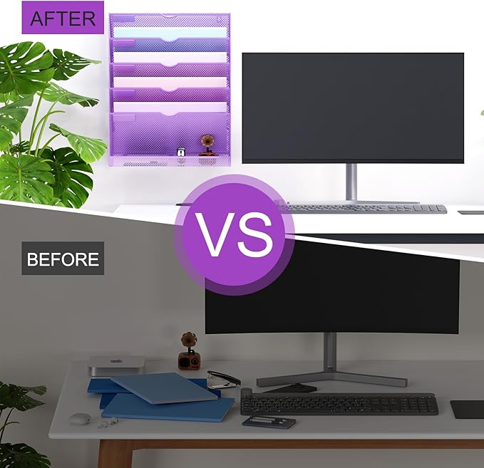 Hanging Wall File Organizer 6 Tier Wall Mounted Mail Paper Folder Holder Document Organization Stand, Vertical Desk Magazine Rack for Office Home Cubicle Countertop, Light Purple