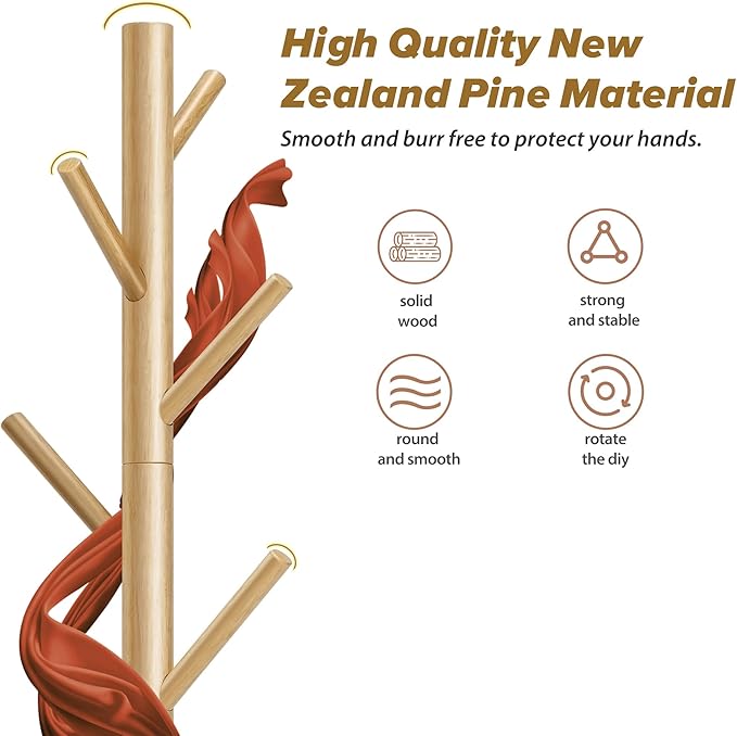 Wooden Coat Rack, Free Standing Coat Rack with 8 Hooks 3 Adjustable Heights for Clothes, Hats, Handbags, Coat Tree Easy Assembly for Entryway, Bedroom, Hallway, Office(2PCS)