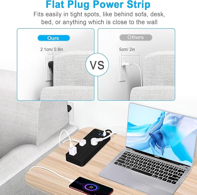 25 FT Power Strips with Surge Protection 1625W/13A,10 Outlets with 4 USB Ports (1 USB C) Long Extension Cord with Multiple Outlets 14-in-1 1700J 16Awg Flat Plug Power Strip Protector Black ETL Listed