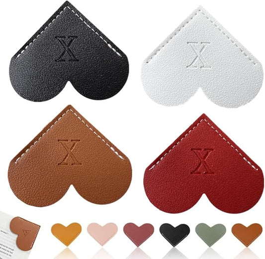 Personalized Leather Heart Bookmark, 26 Letters Customized Corner Book Mark for Reading, Book Holder Markers with Initials Page Book Accessories Cute Gifts (Black+White+Dark Brown+red,X)