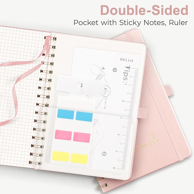 EMSHOI B5 Graph Grid Notebook -140 Pages 100GSM Grid Paper, Vegan Leather Floral Cover with Spiral Binding for Engineering, Bullet Journaling, School & Work - Includes Ruler, Pockets & Stick-Rose Gold