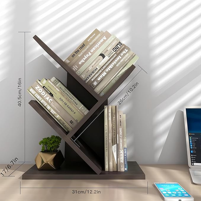 Godferyxin Tree Bookshelf, 3-Tier Wood Small Bookshelf and Mini Bookcase for Office, Home or School Desk Book Shelf for for Displaying Books, CDs, Magazines Wood Storage Rack