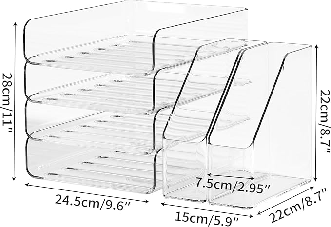 4-Tier Brown Acrylic Paper Tray Organizer for Desk + 2 Bookends – Stackable Letter Tray, Acrylic Desk Accessories/File Organizer, Office Paper Organizer