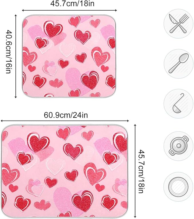Mothers Valentines Day Hearts Dish Drying Mat 18 X 24 Inch Stars Romantic Red Pink Glitter Love Heart Dry Dishes Pads Drainer Mats Tableware Protector for Home Kitchen Countertops Counter Decorations