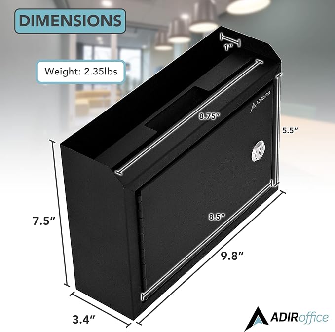 Adir Suggestion Box with Slot and Lock - Drop Box with Lock, Cash Dropbox - 9.8x7.5x3.4 Inches Wall Mount Donation Box - Metal Deposit Box in Black