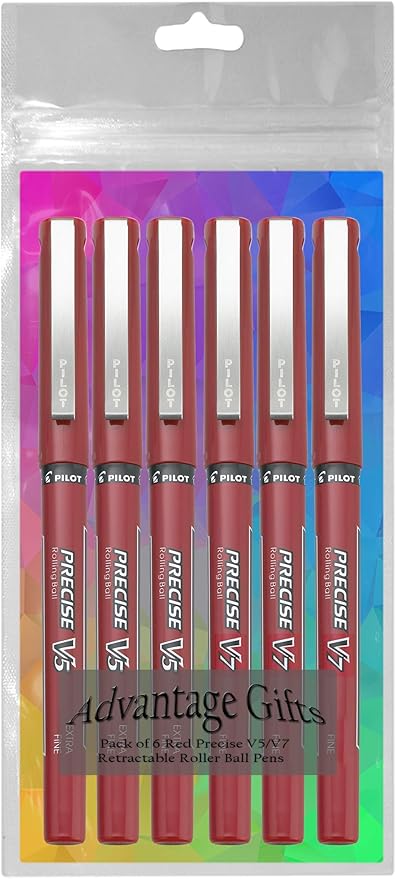 Precise V5/V7 Stick Rolling Ball Pens, Fine and Extra Fine Point, Assorted Points Red Ink, 6-pk; Bundle with Plastic Reusable Pouch
