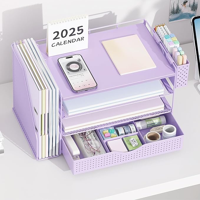 Wood Desk Organizers and Accessories with File Holder, 4-Tier Desk Accessories & Workspace Organizers with Drawer and Pen Holder, Paper Organizer for Office Supplies (Purple)
