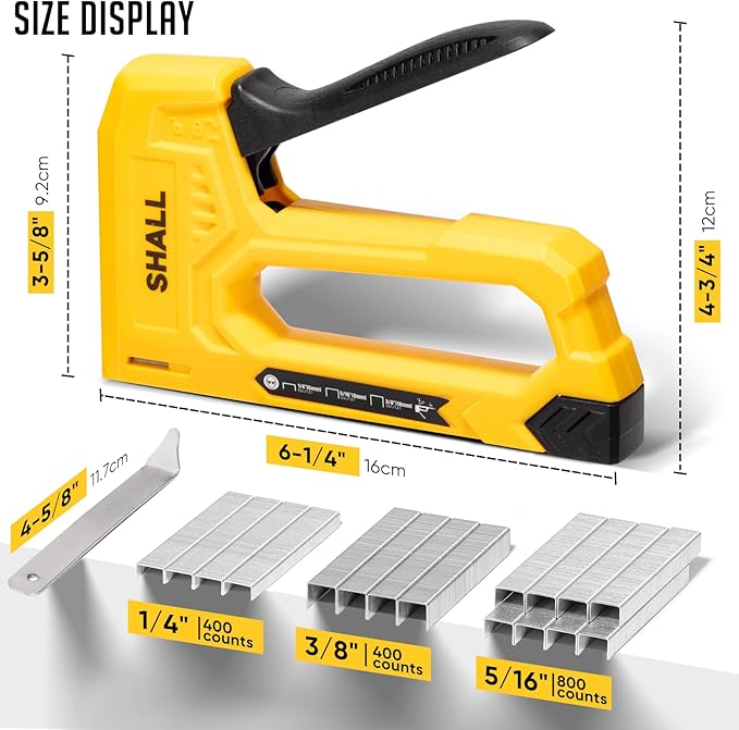 SHALL Light Duty Staple Gun for Wood - Yellow Upholstery Staple Gun with 1600pcs JT21 Staples 1/4, 5/16, 3/8 inch and Staple Remover - Fabric Stapler Gun for Crafts, DIY, Decoration
