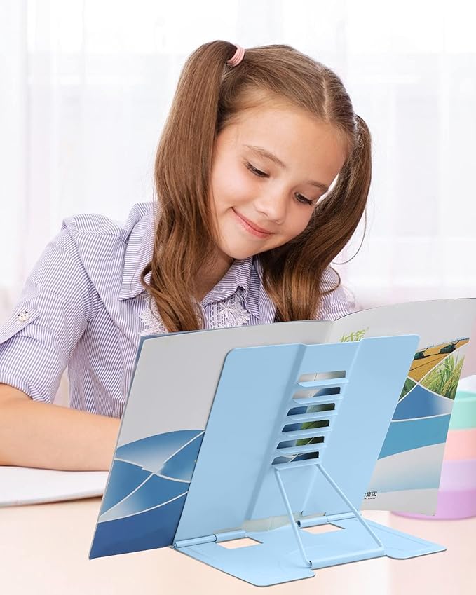 MSDADA Desk Book Stand Metal Reading Rest Book Holder Adjustable Document Holder Portable Sturdy Bookstands for Textbooks,Music Books,Recipe,Mobile Phone (Macaron Blue)