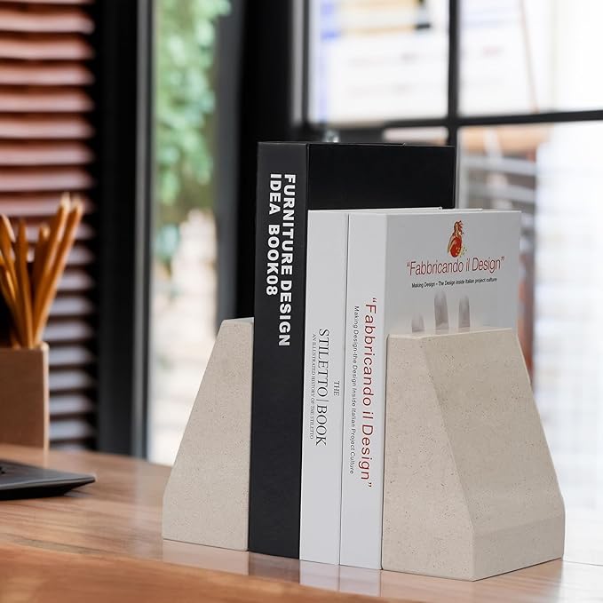 Koville Marble Bookends for Shelves, 9Lbs Large Bookends for Heavy Books, Non-Slip Heavy Duty Book Stopper for CD/Movies, Aesthetic Decorative Bookends for Shelves Table Home Decor(Beige)