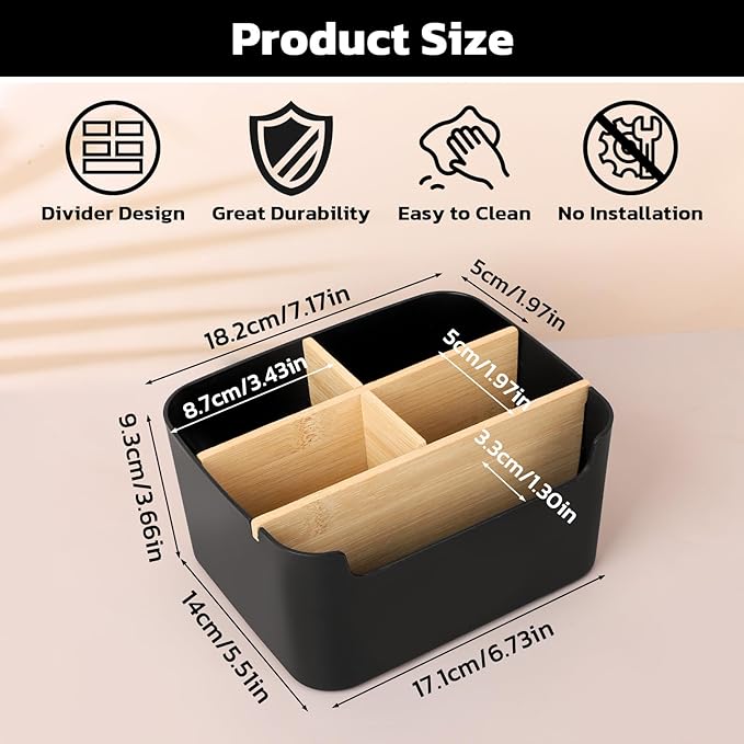 Segarty Black Desktop Organizer, Detachable Bamboo Remote Control Holder, Desk Storage Box Pencil Pen Holder Caddy for Office Home Bedside Nightstand Organization