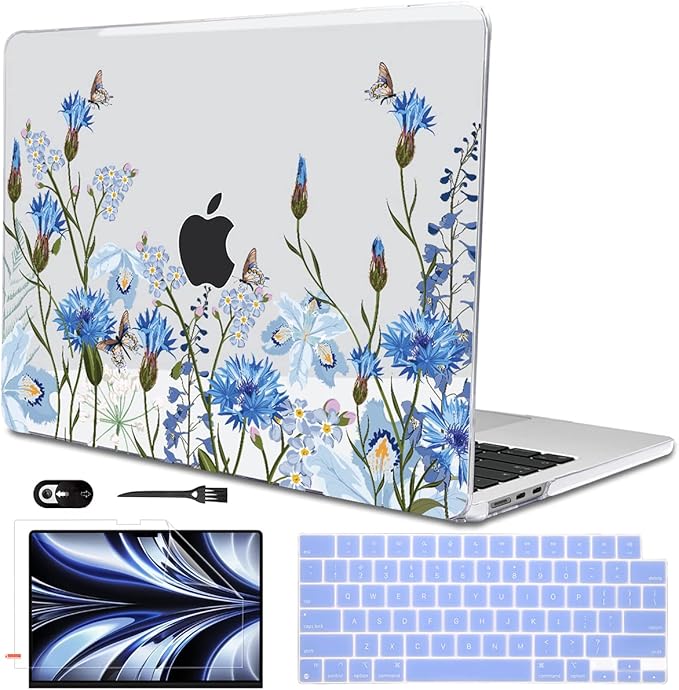 Compatible with M4 MacBook Air 13.6 inch Case 2025 2024 2023 2022 A3240 A3113 M3 A2681 M2 Chip, Crystal Pattern Plastic Hard Case Cover for Mac Air 13 M4 Touch ID, Tropical Blue Flowers