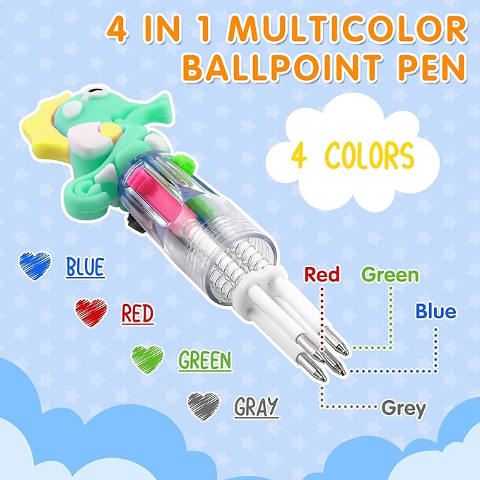 arscniek 24Pcs Multicolor Pen in One, 4-in-1 0.5mm Fine Point Cute Pens, Fun Kawaii Ballpoint Pen for Party Favors, Classroom Prizes, Teacher School Supplies, Bulk Gifts for Students