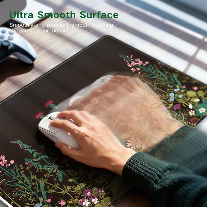 iCasso Heated Mouse Pad, XL Big Aesthetic Desk Pad with 4 Heating Levels & 4 Auto Shut-Off Levels for Computer Keyboard, 31.5" x 13" Large Safe Desk Mat Hand Warmer for Home Office Work (Weeds)