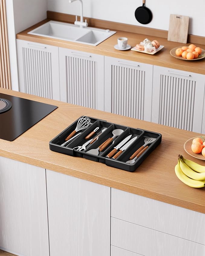 Kitsure Expandable Silverware Organizer – Large Utensil Drawer Kitchen Organization with 5 Compartments, Easy-Clean, Home & Apartment Essentials, Black, 13.6" x 1.4"x 11.0"~19.9"