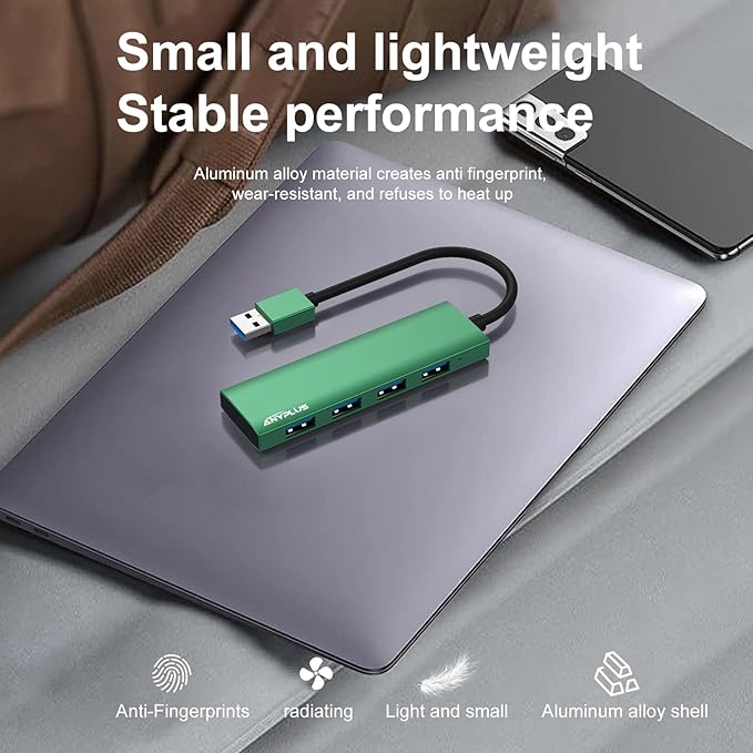 USB Hub, USB 3.0 Hub Aluminum Alloy Ultra Slim USB Splitter, Portable 4 Port USB Extender, USB Hub for Laptop, PC, MacBook, iMac, Surface Pro, Mac Pro, Flash Drive, XPS 【Green】