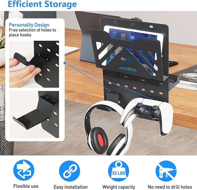 MAXECHO Desk Side Storage Holder, Metal Pegboard, Above or Under Desk Laptop Mount, Table Side Hanging File Organizer, Clamp On Cable Management Tray, Peg Board for Gaming, Office