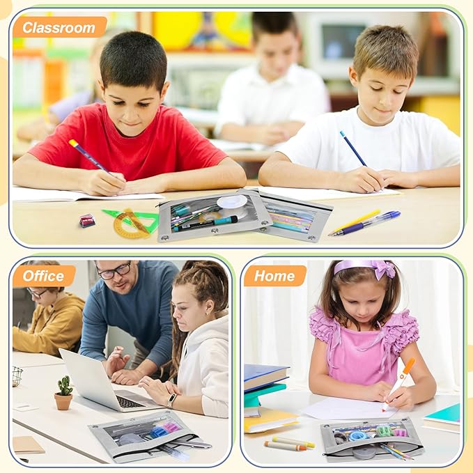 Shemira Pencil Pouch for 3 Ring Binder, Binder Pencil Pouch with Smooth Zipper, Clear Window Pencil Case for Binder, Zipper Pencil Pouches, Big Capacity 3 Ring Binder Pencil Bag, Grey