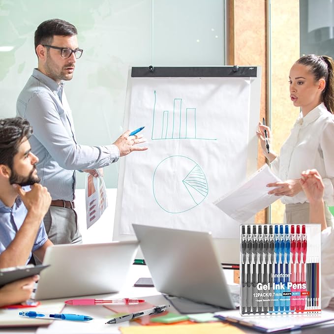 Innertone Black/Red/Blue Gel Pens, 12 Pcs Retractable Fine Point 0.7mm, with 5 Pen Refills,Red/Black/Blue Pen, with Quick-Drying Ink, Suitable for Women, Men, Journal, School, Office