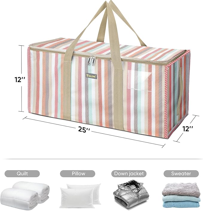 BALEINE Extra Large Storage Tote with Zippers & Carrying Handles, Heavy-Duty Oxford Fabric Moving Bags for Laundry, Space Saving, Storage, 2-Pack, Color Stripe
