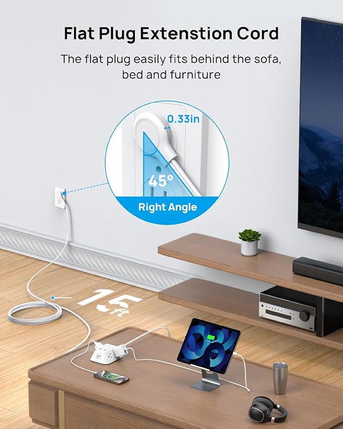 TROND 15ft Long Extension Cord, Ultra Thin Flat Plug Power Strip, 5 Widely-Spaced AC Outlets and 3 USB Ports, 1440J Surge Protector, 3-Sided Wall Mount for Home Office Dorm Room, White