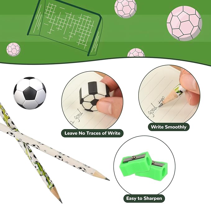48 Pcs Soccer Pencils and Erasers for Sports Birthday Gifts Assortment Stationery Pencils for Students Office School Classroom Supplies
