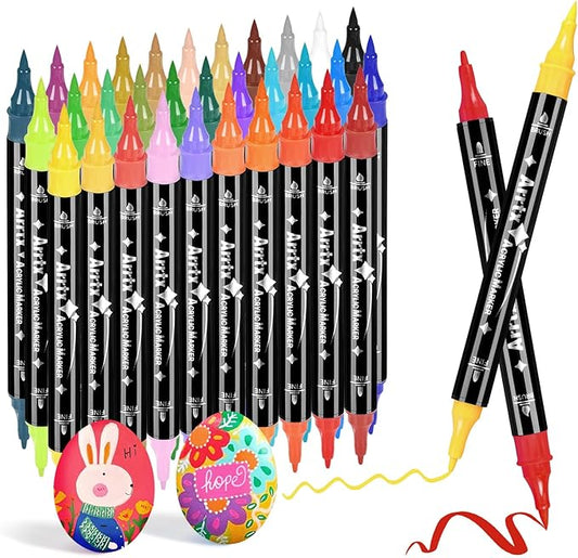 Arrtx Acrylic Paint Pens, 32 Colors Brush Tip and Fine Tip (Dual Tip) Paint Markers for Rock Painting, Water Based Acrylic Painting Supplies for Fabric Painting,Wood, Plastic, Canvas, Easter Egg