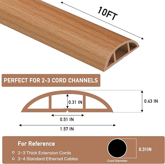 Floor Cord Cover Self Adhesive Cord Hider Floor Extension Cord Covers for Floor Power Cord Protector Cable Management Prevent Cable Trips Cable Cavity 0.51" W x 0.31" H (Light Brown Wood, 10Ft)