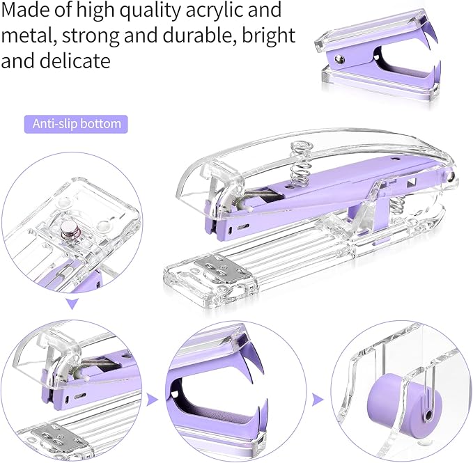Office Supplies Set Desk Accessory Kit, Acrylic Stapler Set Staple Remover, Tape Dispenser, Binder Clips, Paper Clips, Ballpoint Pen and Scissor with 1000 Pieces 26/6 Staples (Purple)