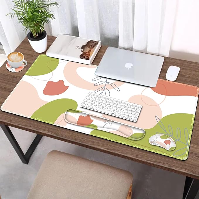 AIMSA Keyboard & Mouse Pad Set, Extended Desk Mat + Ergonomic Mouse & Keyboard Wrist Rest Support, 35x15.7in Abstract Green Pink Art