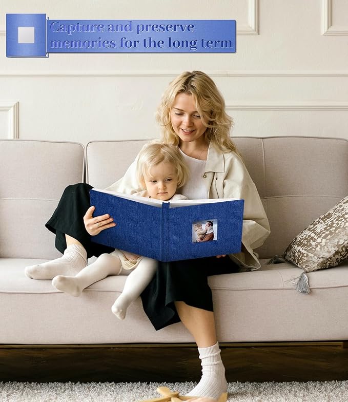 Photo Album Self Adhesive Scrapbook Album for 3x5 4x6 5x7 8x10 Pictures, 60 Pages Linen Cover with Display Window DIY Photo Book,Ideal Gifts for Family Travel Wedding Baby