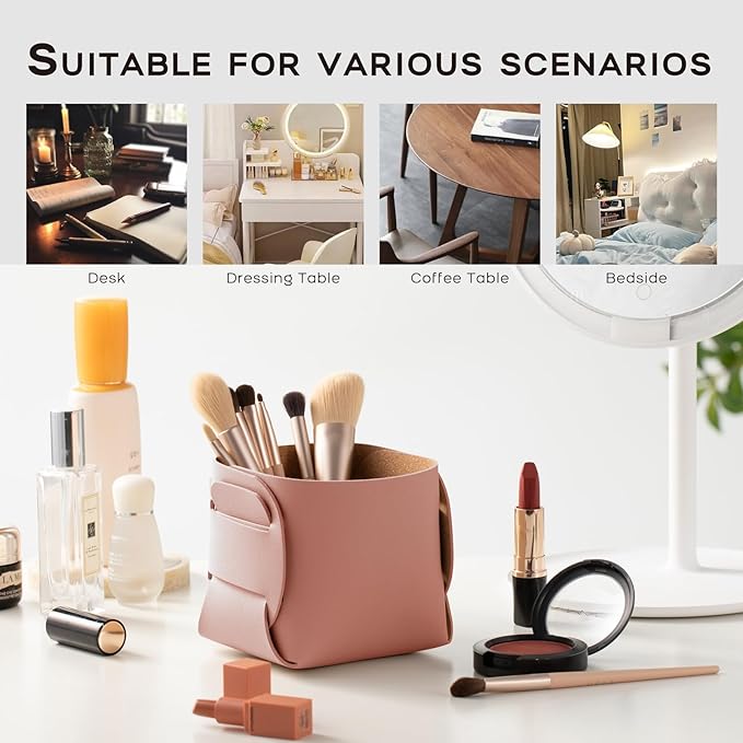 HOMIEAZICOZI 2-Pack Cork Leather Desk Accessories Storage - Pencil Pen Holder - Makeup Brush Holder Organizer - Stylish Addition to Home Decor (Pink)