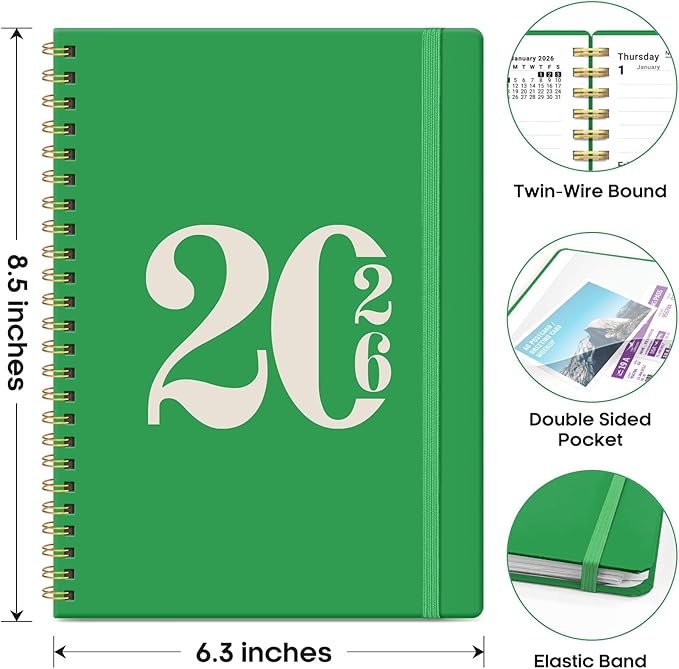 2026 Planner, Weekly and Monthly Calender Planner, Jan 2026 to Dec 2026, Hardcover 2026 Calendar Planner Book with Tabs & Inner Pocket, Office Home School Supplies for Women & Men - A5 (6.3" x 8.5"), Racing Green