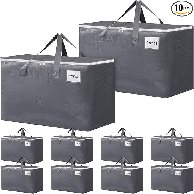 BlissTotes Large Moving Boxes and with Zippers & Handles Moving Supplies with lids, Heavy Duty Totes for Storage Bags for Space Saving, Fold Flat, Moving and Storing, 10 Pack