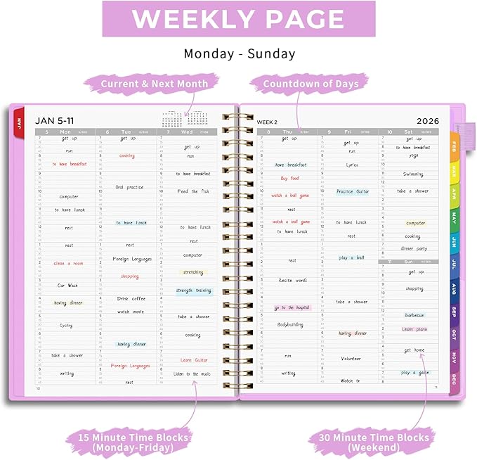 EMSHOI 2026 Appointment Book, A4 15-Minute Hourly Planner, JAN 2026 - DEC 2026, Daily Weekly Monthly, 100GSM Thick Paper, PVC Cover, Colorful Tabs - for Work, School, Salon Scheduling