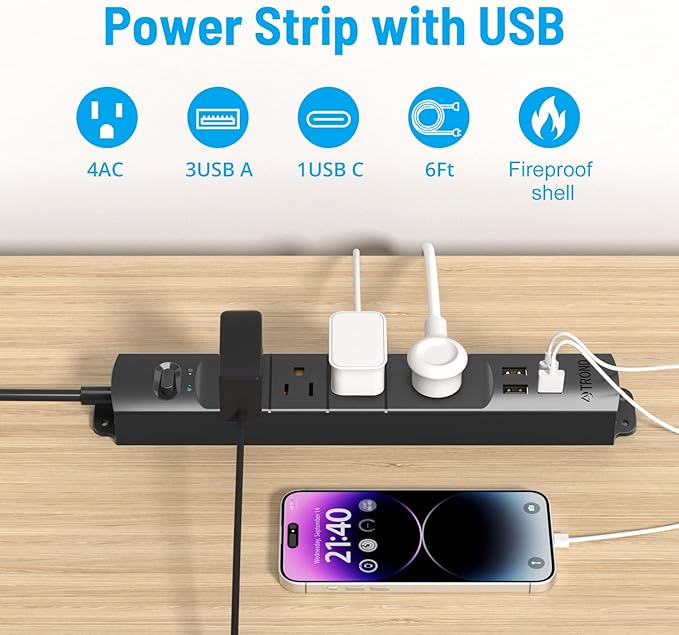 TROND Surge Protector Power Strip with USB, Ultra Thin Flat Plug 6ft Long Extension Cord 1625W, 3 USB A & 1 Type C, 4 AC Outlets 1440J Surge Protection Wall Mount for Home Office Dorm Room, Black