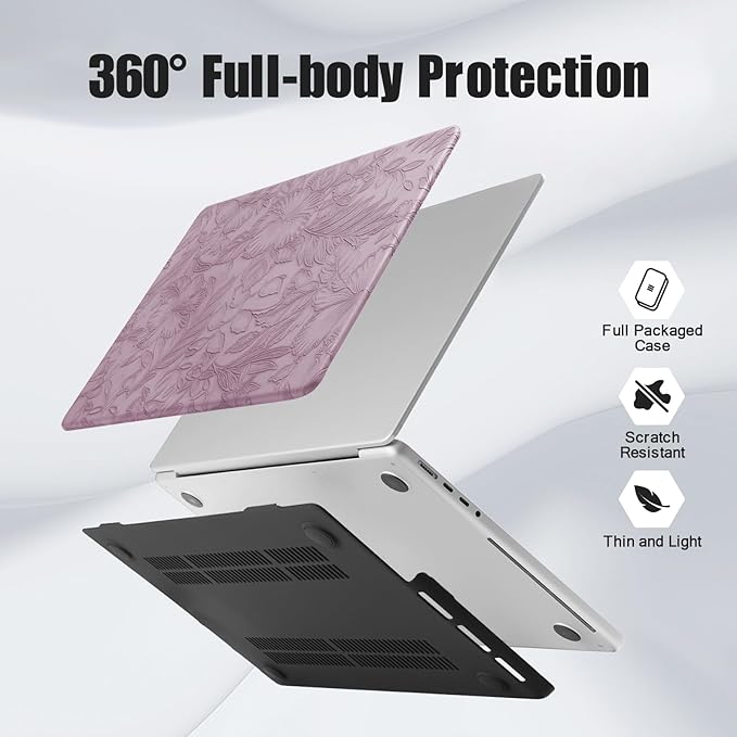 DTangLsm Compatible for MacBook Air 15 inch Case 2025 2024 2023 Release M4 M3 M2 A3241 A3114 A2941, Elegant Textured Retro Leather Case for MacBook Air M4 15 in + Keyboard Cover, Lilac Embossed Floral