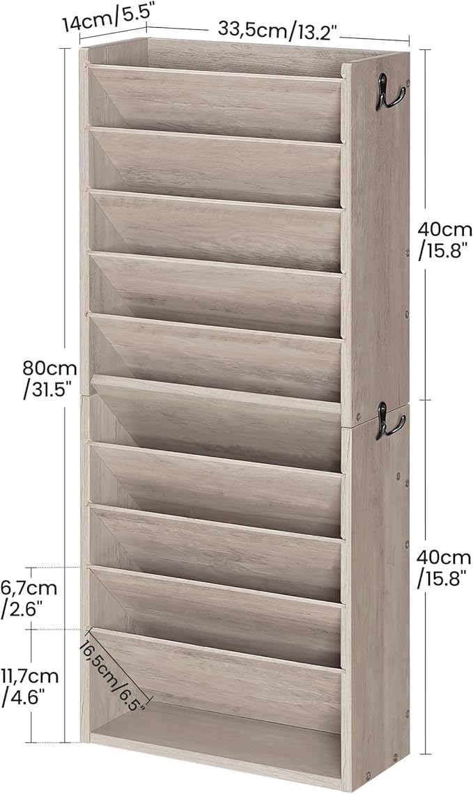 Wall File Organizer, 10-Tier Hanging Mail Organizer, Wall Mount File Holder with 4 Side Hooks, Industrial Mail and Storage Organizer, Wooden Vertical Hanging Holder for Office, Greige MWJ03FH
