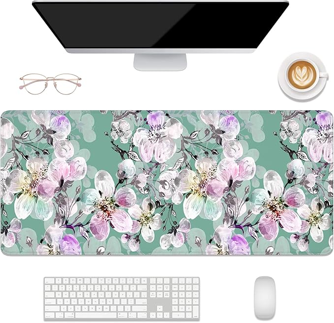Desk Mat, 32" x 12" XXL Extended Large Gaming Mouse Pad, Desktop Decor Desk Pad, Cute Men Women Office Supplies and Accessories, XL Mouse Mat for Laptop & Keyboard, Green Pink Peach Blossom