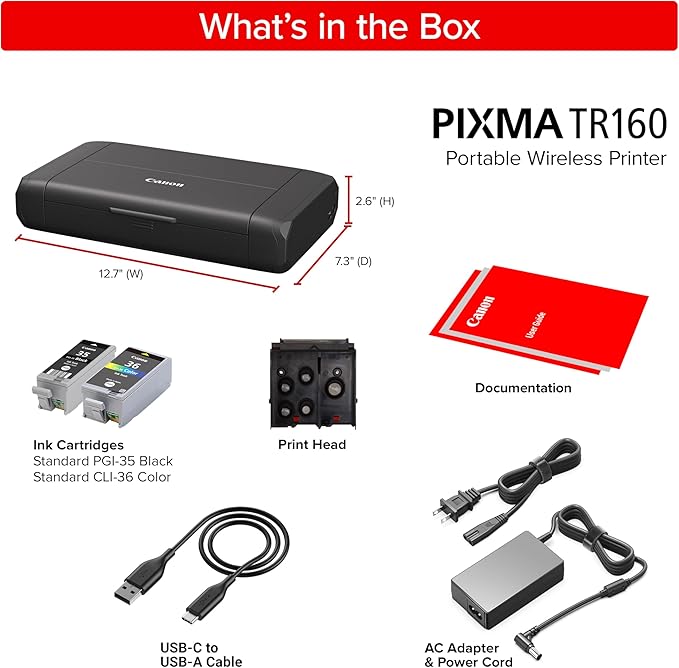 Canon PIXMA TR160 Wireless Portable Printer, 50-Sheet Paper Tray and 1.44" Display