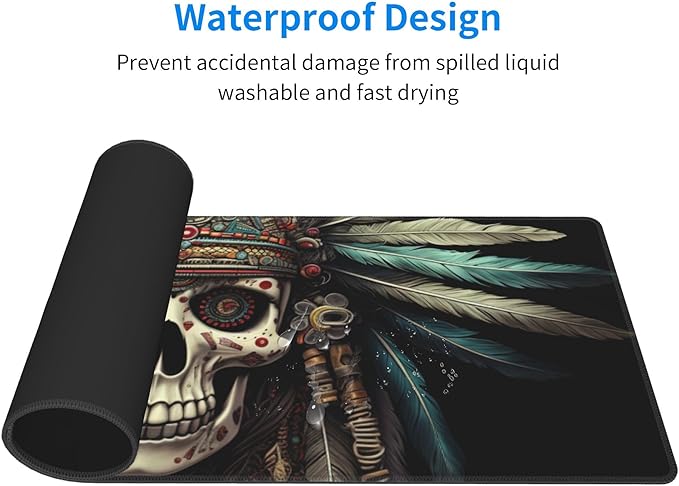 Cute Intricately Decorated Skull with Feather Headdress Pattern Mouse Pad 31.5 x 12 Inch, Non-Slip Rubber Base, Ergonomic Design for Pain Relief, Perfect for Computer Users