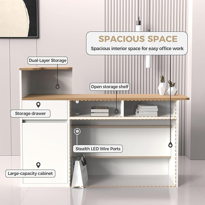 Modern Reception Desk with LED Lights - 47" Front Desk Reception Counter with Dual Display Shelves & Hidden Cable Management, Lockable Drawer & Storage Cabinet for Office, Salon, Spa, Retail, Right