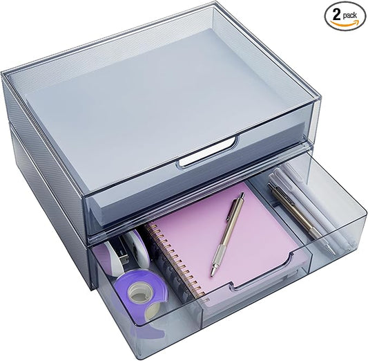 STORi STAX Plastic Stackable Organizer Drawers (Set of 2) Classic Grey | 12.5" Wide | Set Includes One Open Drawer & One Divided Drawer | Organize Office Desk Accessories & Sort Paper | Made in USA