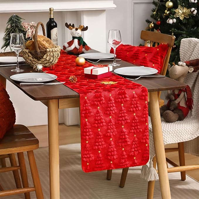 Christmas Table Runner 13x72 Inch, Xmas Trees Star Winter Holiday Decorative Farmhouse Table Decorations for Kitchen Dinning, Indoor Outdoor Dinner Party Decor (Red) 1 Pack