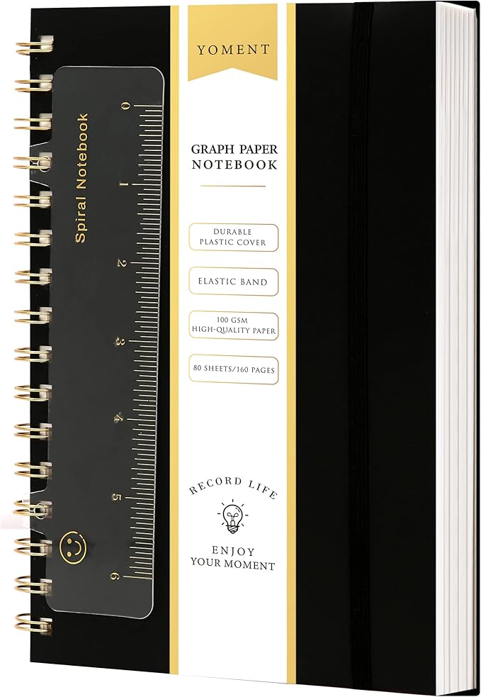 Yoment Graph Paper Spiral Notebook A5 Graphing Notebook 160 Pages Graph Paper Notebook Spiral Bound Waterproof Plastic Hardcover Spiral Journal 5x7 Grid Notebooks for Note Taking,Black