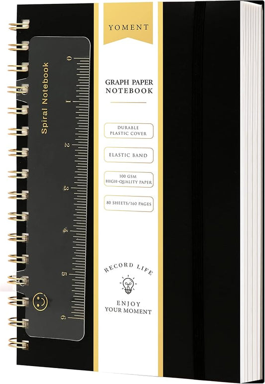 Yoment Graph Paper Spiral Notebook A5 Graphing Notebook 160 Pages Graph Paper Notebook Spiral Bound Waterproof Plastic Hardcover Spiral Journal 5x7 Grid Notebooks for Note Taking,Black
