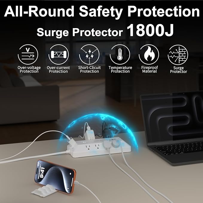 Surge Protector Power Strip with USB Ports, 12 Outlets 2 USB-C 2 USB-A, 6 Ft Flat Plug Extension Cord, Multi Plug Outlet with Phone Holder for Desk, Office, Home, Dorm, UL Certification (White)