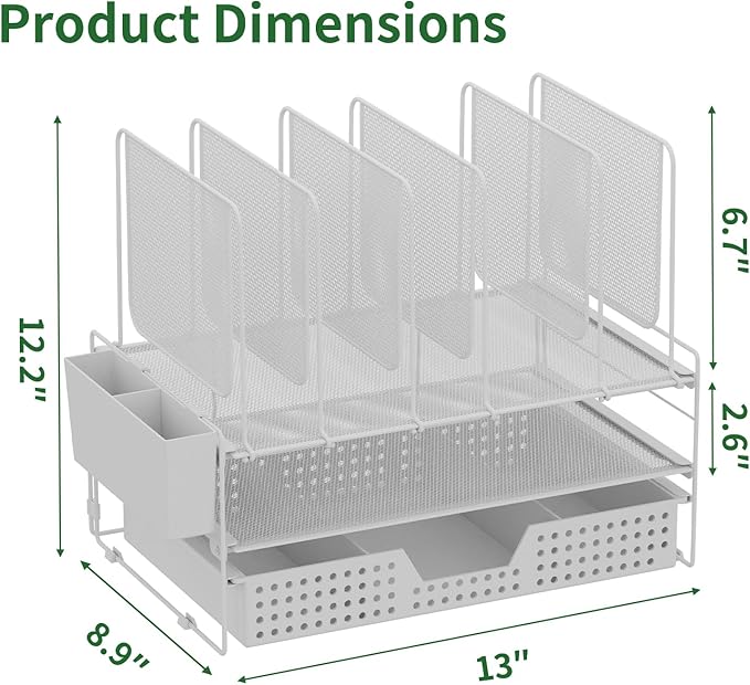 Desk Organizer, Office Organization with Vertical File Holder, File Organizer with Drawer and Pen Holder, Desk Accessories and Workspace Organizers for Home Office (White)